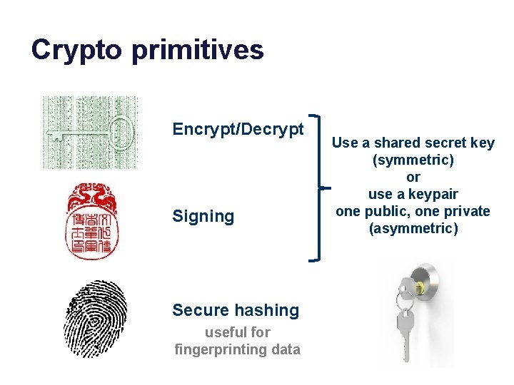 Crypto primitives Encrypt/Decrypt Signing Secure hashing useful for fingerprinting data Use a shared secret