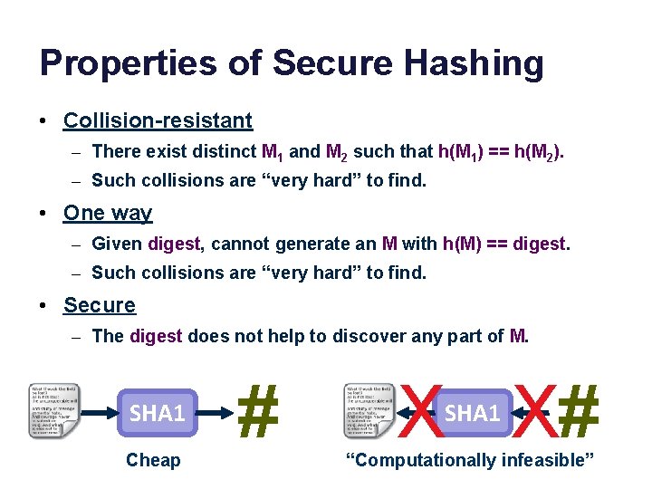 Properties of Secure Hashing • Collision-resistant – There exist distinct M 1 and M
