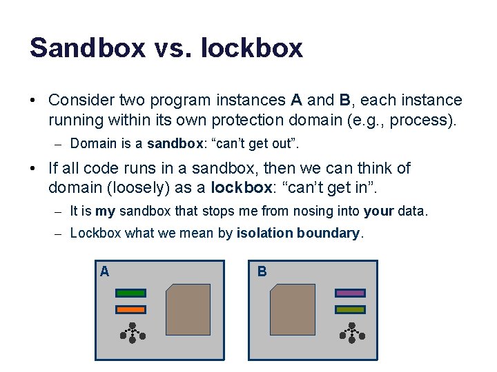 Sandbox vs. lockbox • Consider two program instances A and B, each instance running