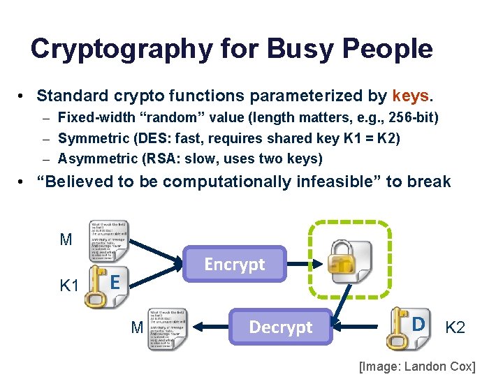 Cryptography for Busy People • Standard crypto functions parameterized by keys. – Fixed-width “random”