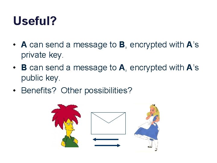 Useful? • A can send a message to B, encrypted with A’s private key.