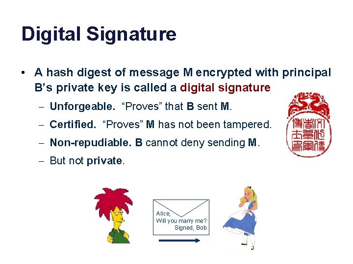 Digital Signature • A hash digest of message M encrypted with principal B’s private
