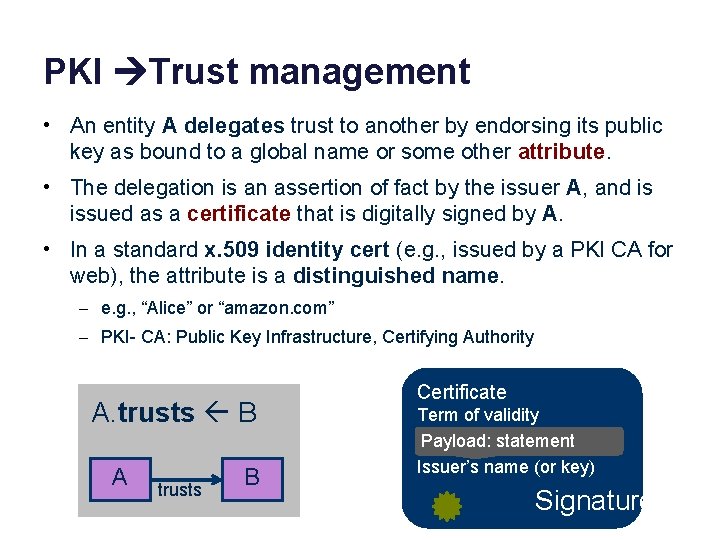 PKI Trust management • An entity A delegates trust to another by endorsing its
