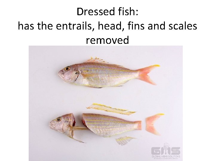 Dressed fish: has the entrails, head, fins and scales removed Dressed fish: has the entrails, head, fins and scales removed