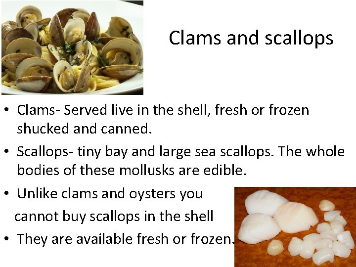 Clams and scallops • Clams- Served live in the shell, fresh or frozen shucked Clams and scallops • Clams- Served live in the shell, fresh or frozen shucked
