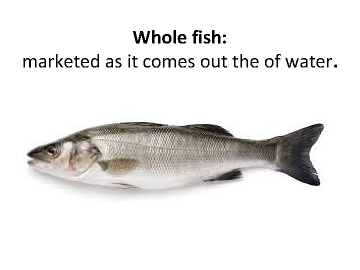 Whole fish: marketed as it comes out the of water. Whole fish: marketed as it comes out the of water.