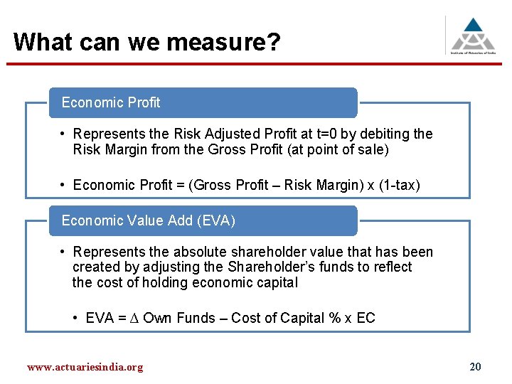 What can we measure? Economic Profit • Represents the Risk Adjusted Profit at t=0