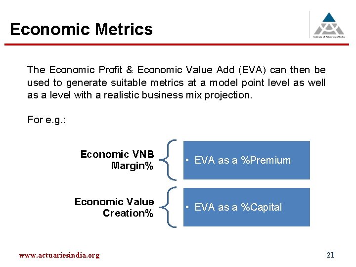 Economic Metrics The Economic Profit & Economic Value Add (EVA) can then be used