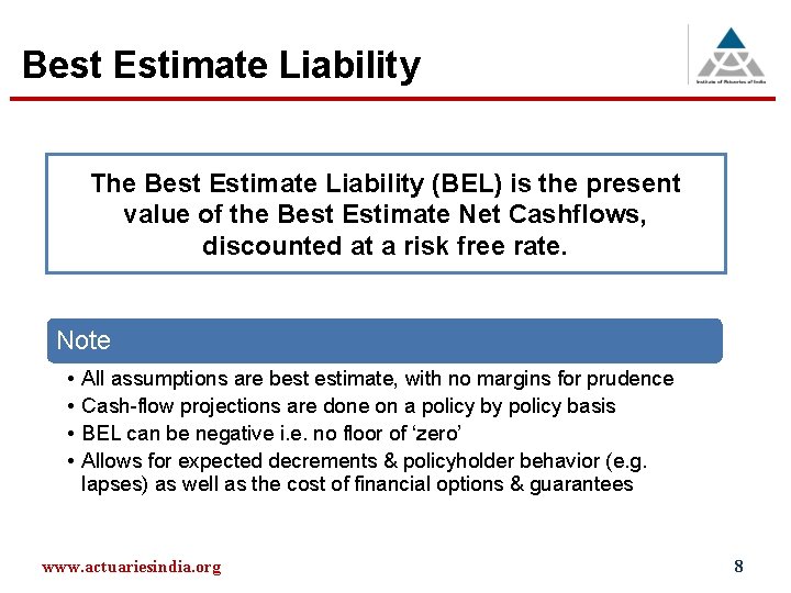 Best Estimate Liability The Best Estimate Liability (BEL) is the present value of the