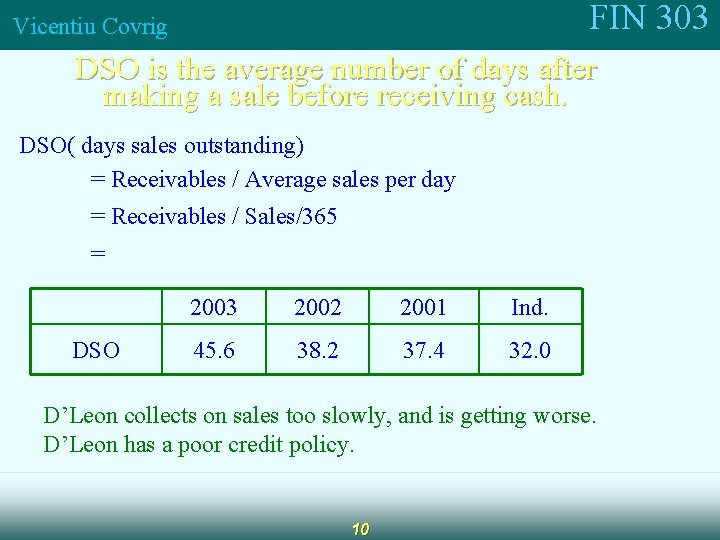 FIN 303 Vicentiu Covrig DSO is the average number of days after making a