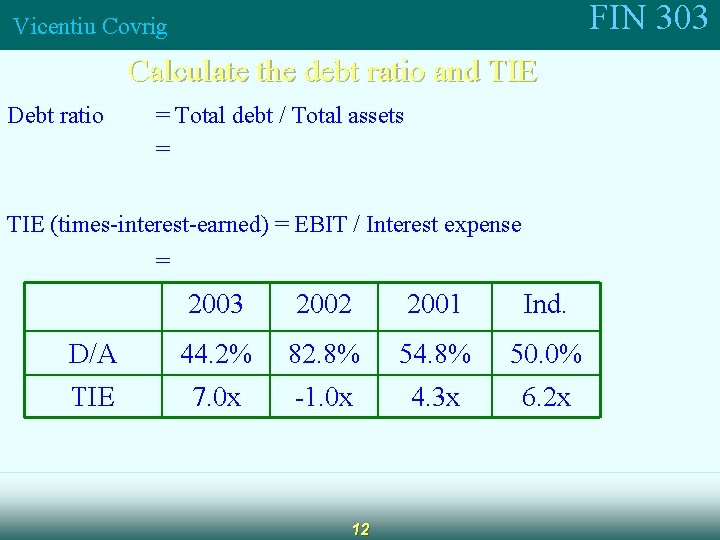 FIN 303 Vicentiu Covrig Calculate the debt ratio and TIE Debt ratio = Total