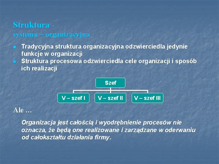 Struktura systemu ~ organizacyjna n n Tradycyjna struktura organizacyjna odzwierciedla jedynie funkcje w organizacji