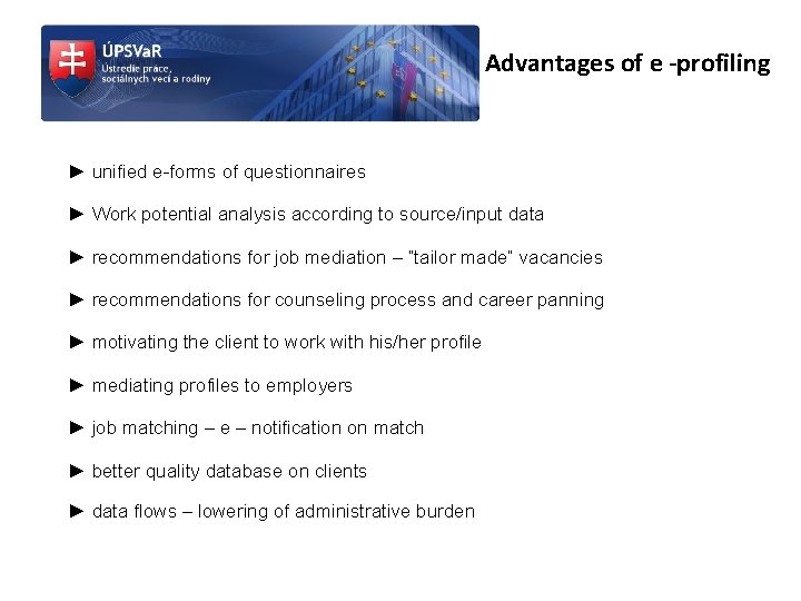 Advantages of e -profiling ► unified e-forms of questionnaires ► Work potential analysis according