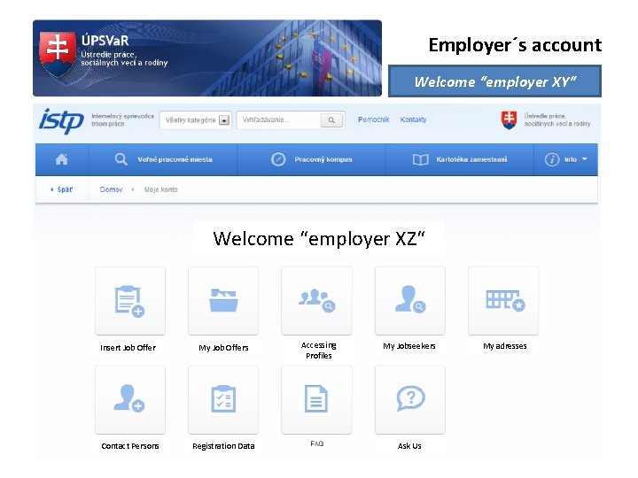 Employer´s account Welcome “employer XY“ Welcome “employer XZ“ Insert Job Offer My Job Offers