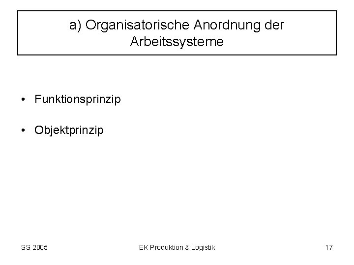 a) Organisatorische Anordnung der Arbeitssysteme • Funktionsprinzip • Objektprinzip SS 2005 EK Produktion &