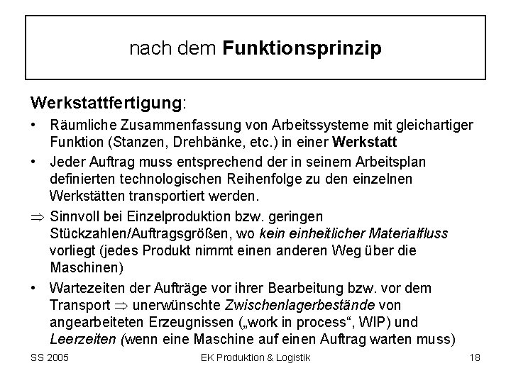 nach dem Funktionsprinzip Werkstattfertigung: • Räumliche Zusammenfassung von Arbeitssysteme mit gleichartiger Funktion (Stanzen, Drehbänke,