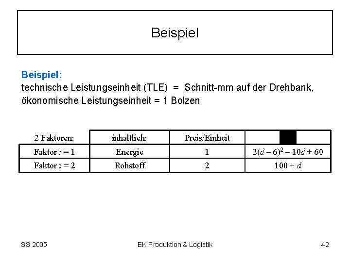 Beispiel: technische Leistungseinheit (TLE) = Schnitt mm auf der Drehbank, ökonomische Leistungseinheit = 1