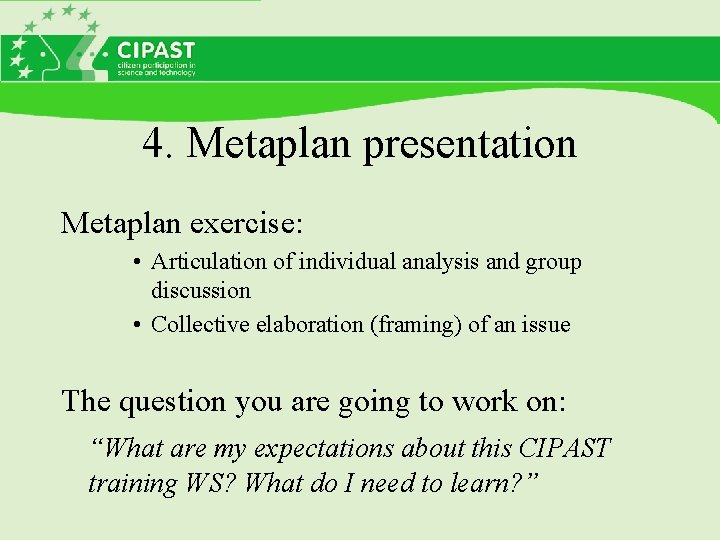 4. Metaplan presentation Metaplan exercise: • Articulation of individual analysis and group discussion •