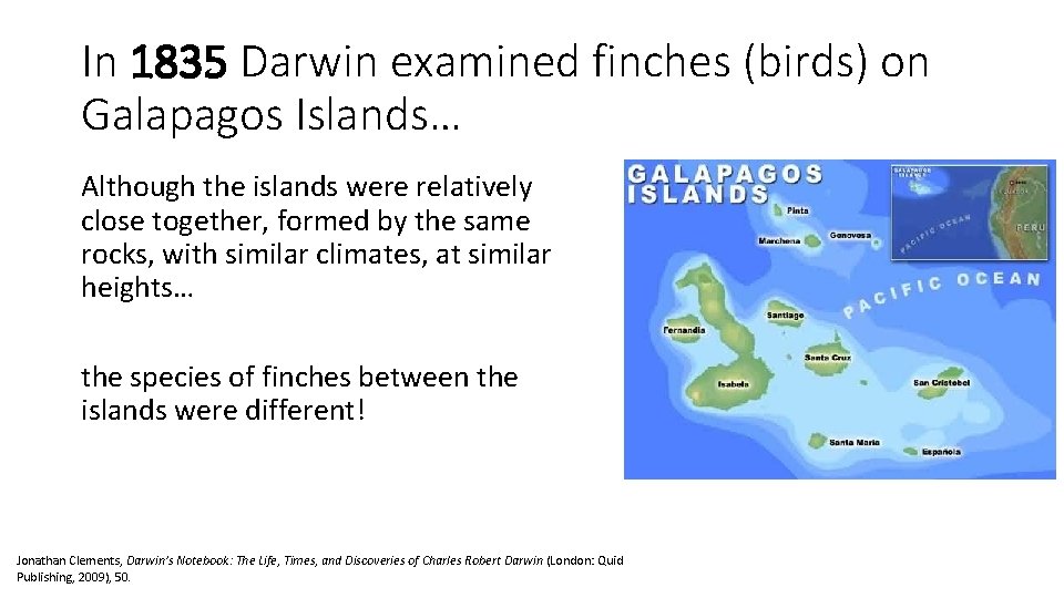 In 1835 Darwin examined finches (birds) on Galapagos Islands… Although the islands were relatively