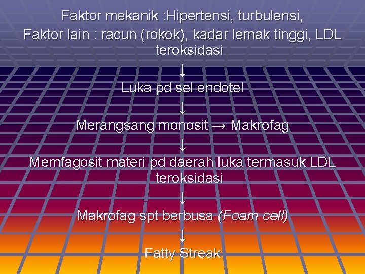 Faktor mekanik : Hipertensi, turbulensi, Faktor lain : racun (rokok), kadar lemak tinggi, LDL