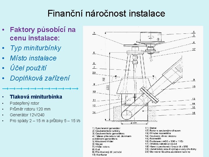 Finanční náročnost instalace • Faktory působící na cenu instalace: • Typ miniturbínky • Místo