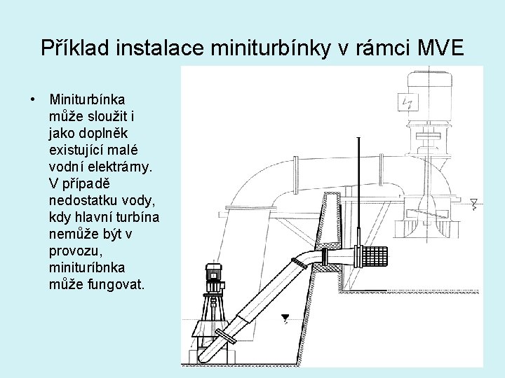 Příklad instalace miniturbínky v rámci MVE • Miniturbínka může sloužit i jako doplněk existující