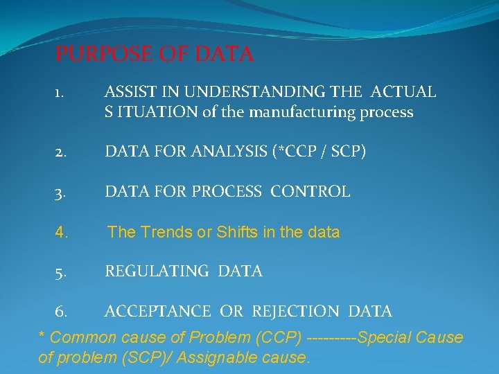 PURPOSE OF DATA 1. ASSIST IN UNDERSTANDING THE ACTUAL S ITUATION of the manufacturing PURPOSE OF DATA 1. ASSIST IN UNDERSTANDING THE ACTUAL S ITUATION of the manufacturing