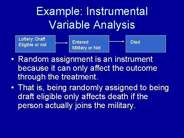 Example: Instrumental Variable Analysis Lottery: Draft Eligible or not Entered Military or Not Died