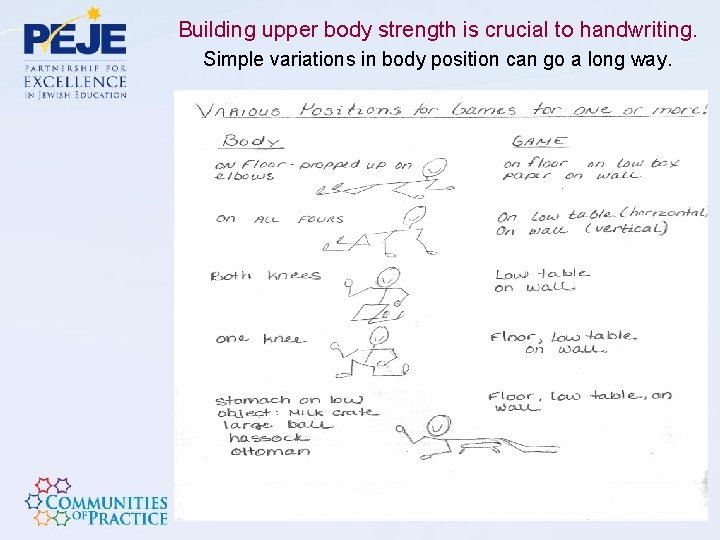 Building upper body strength is crucial to handwriting. Simple variations in body position can