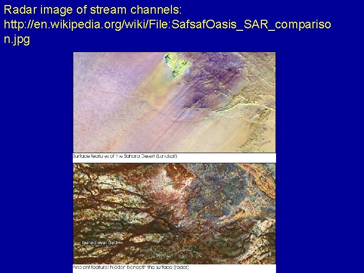 Radar image of stream channels: http: //en. wikipedia. org/wiki/File: Safsaf. Oasis_SAR_compariso n. jpg 