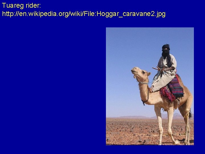 Tuareg rider: http: //en. wikipedia. org/wiki/File: Hoggar_caravane 2. jpg 