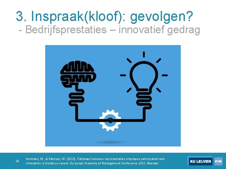 3. Inspraak(kloof): gevolgen? - Bedrijfsprestaties – innovatief gedrag 28 Hermans, M. , & Ramioul,