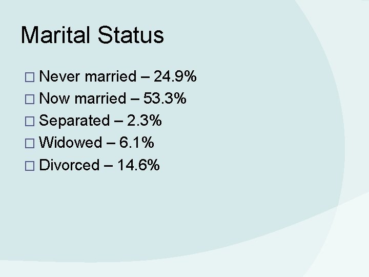 Marital Status � Never married – 24. 9% � Now married – 53. 3%