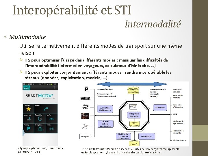 Interopérabilité et STI Intermodalité • Multimodalité Utiliser alternativement différents modes de transport sur une
