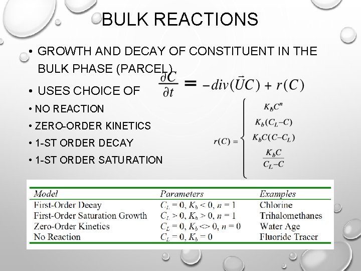 BULK REACTIONS • GROWTH AND DECAY OF CONSTITUENT IN THE BULK PHASE (PARCEL) •