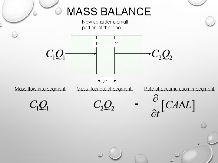 MASS BALANCE Now consider a small portion of the pipe. 1 2 DL Mass