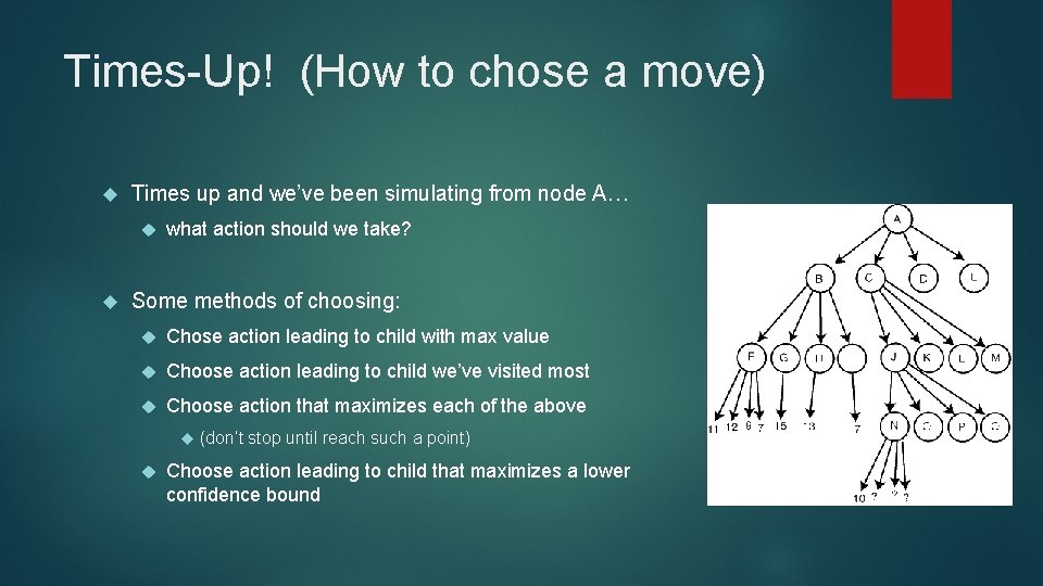 Times-Up! (How to chose a move) Times up and we’ve been simulating from node