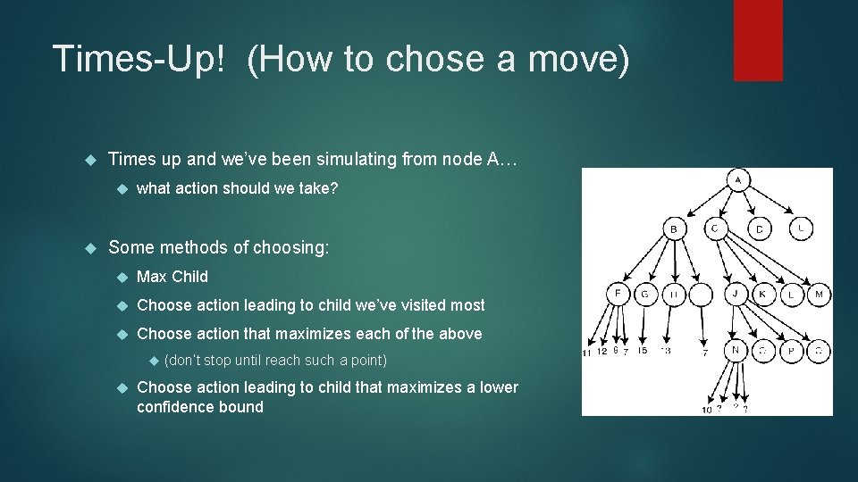 Times-Up! (How to chose a move) Times up and we’ve been simulating from node