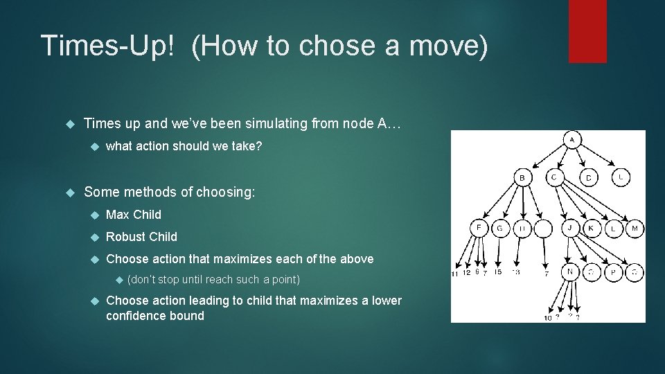 Times-Up! (How to chose a move) Times up and we’ve been simulating from node