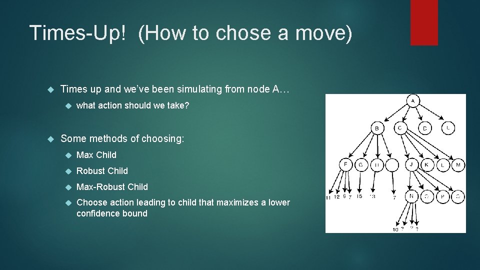 Times-Up! (How to chose a move) Times up and we’ve been simulating from node