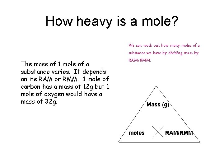 How heavy is a mole? The mass of 1 mole of a substance varies.