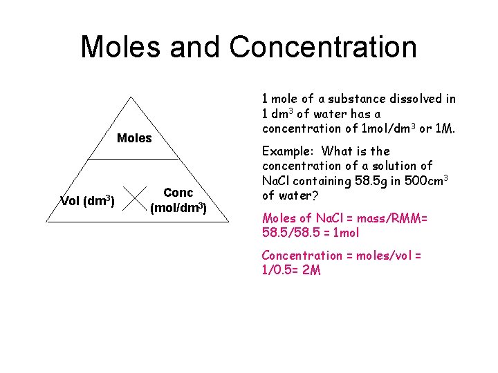 Moles and Concentration Moles Vol (dm 3) Conc (mol/dm 3) 1 mole of a