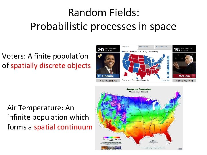 Random Fields: Probabilistic processes in space Voters: A finite population of spatially discrete objects Random Fields: Probabilistic processes in space Voters: A finite population of spatially discrete objects