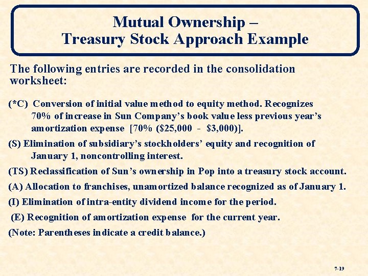 Mutual Ownership – Treasury Stock Approach Example The following entries are recorded in the