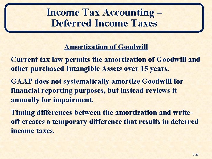 Income Tax Accounting – Deferred Income Taxes Amortization of Goodwill Current tax law permits