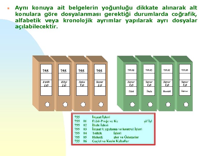 n Aynı konuya ait belgelerin yoğunluğu dikkate alınarak alt konulara göre dosyalanması gerektiği durumlarda