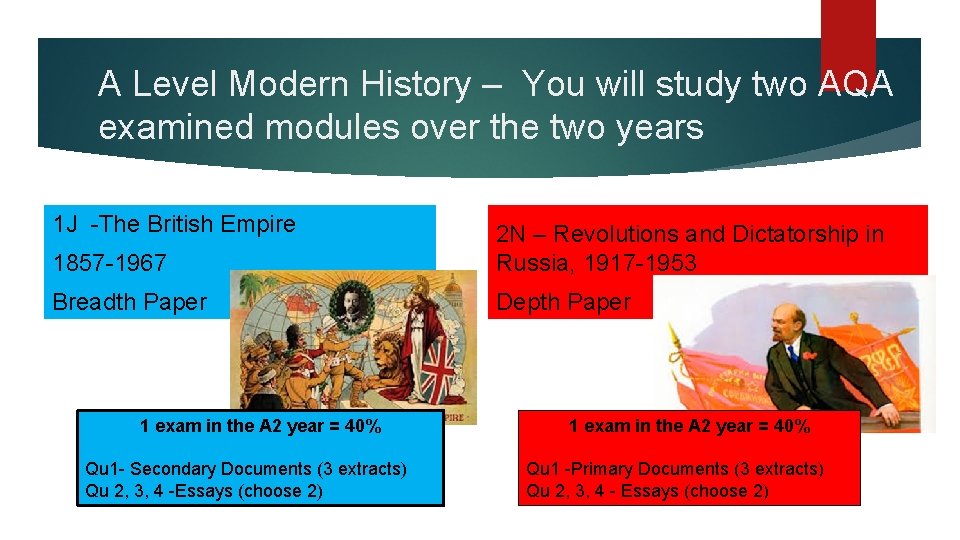 A Level Modern History – You will study two AQA examined modules over the
