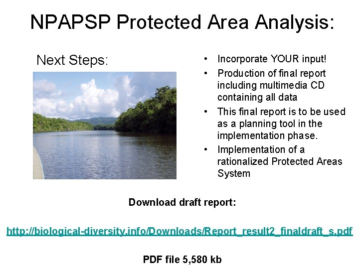 NPAPSP Protected Area Analysis: Next Steps: • Incorporate YOUR input! • Production of final