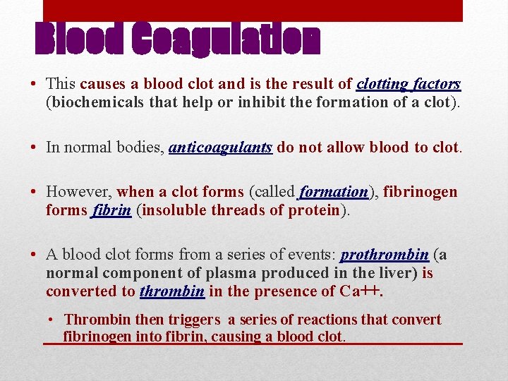 Blood Coagulation • This causes a blood clot and is the result of clotting