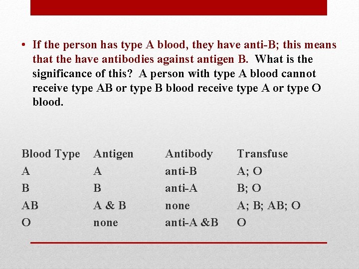  • If the person has type A blood, they have anti-B; this means
